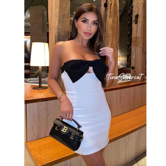 BLOGGER'S FAVE! Zara Strapless Bow Mini Dress White Black NWT - Picture 8 of 17